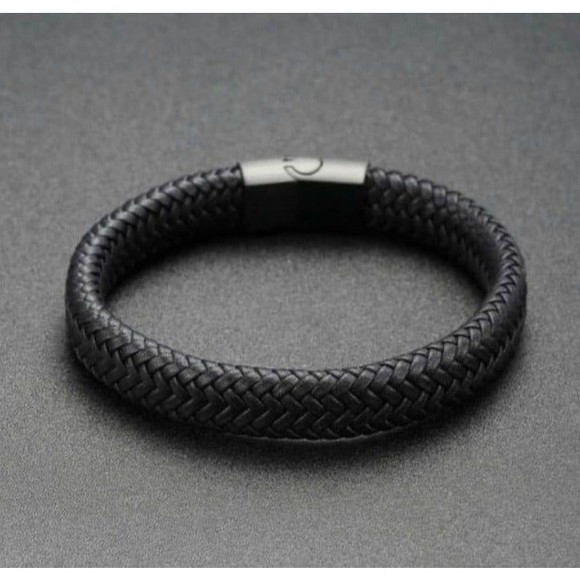 Mens Fashion Handmade Leather Braided Magnetic Clasp Stainless Steel Bracelet - Picture 4 of 6
